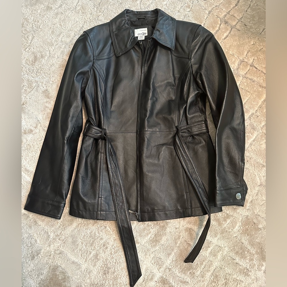 East 5th Black Leather Jacket with Belted Waist